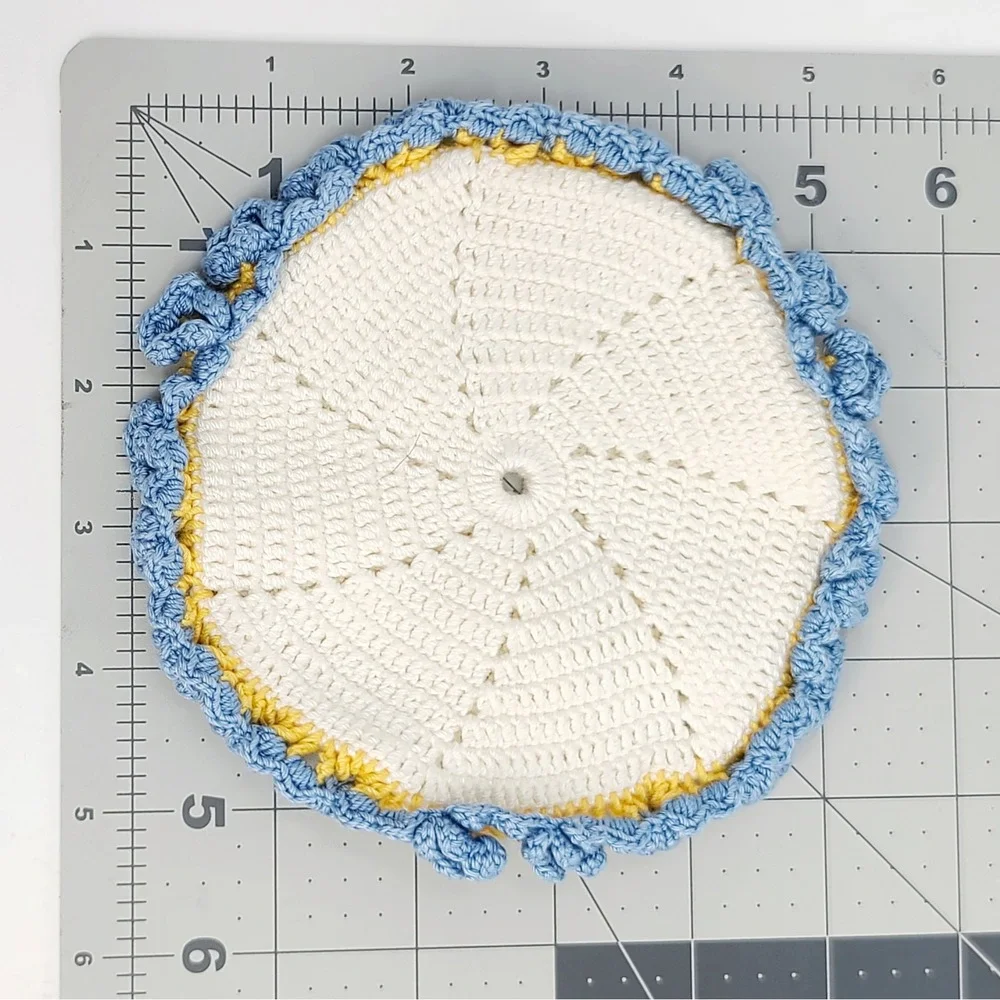 Crochet Doily Round Coaster Ruffle Edge Blue Yellow 5.5 Inch Vintage Cream Ivory